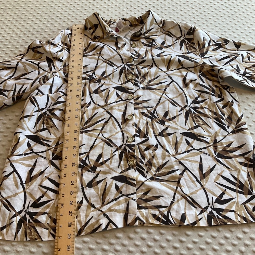 JM Collection Button Down Shirt Women 18W White Brown Linen Bamboo Leaf Print - Picture 3 of 6